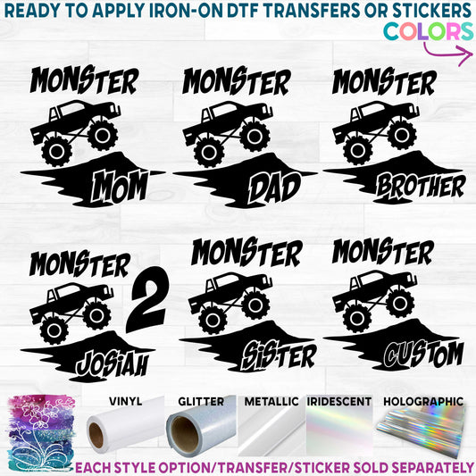 (s051-3A) Monster Truck Family Mom Age Custom Text Printed Heat Transfer or Sticker