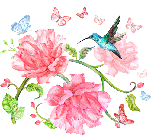(052-E) Hummingbird Watercolor Floral Flowers Butterflies
