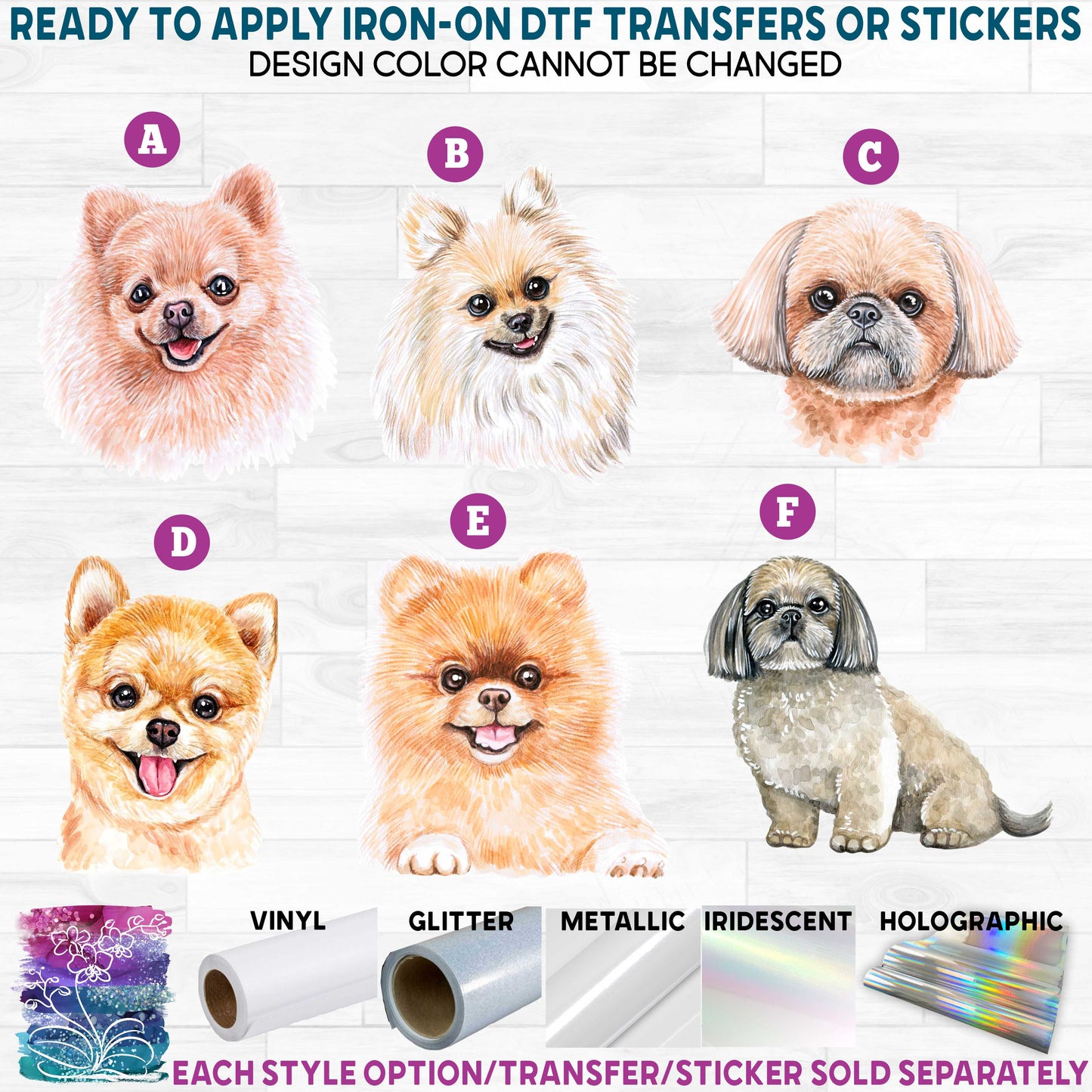 (s053-18) Watercolor Dogs Pomeranian or Shih Tzu Printed Heat Transfer or Sticker