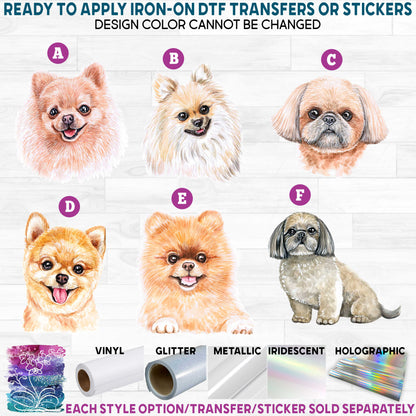 (s053-18) Watercolor Dogs Pomeranian or Shih Tzu Printed Heat Transfer or Sticker