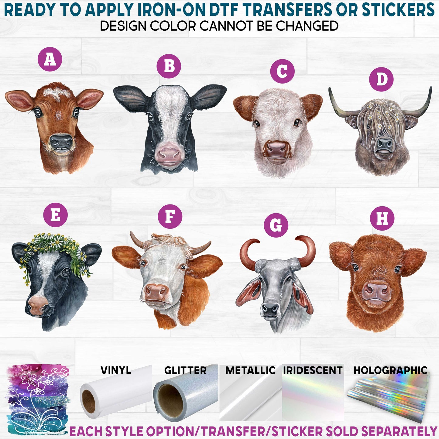 (s053-04) Watercolor Cow Cows Bull Printed Heat Transfer or Sticker