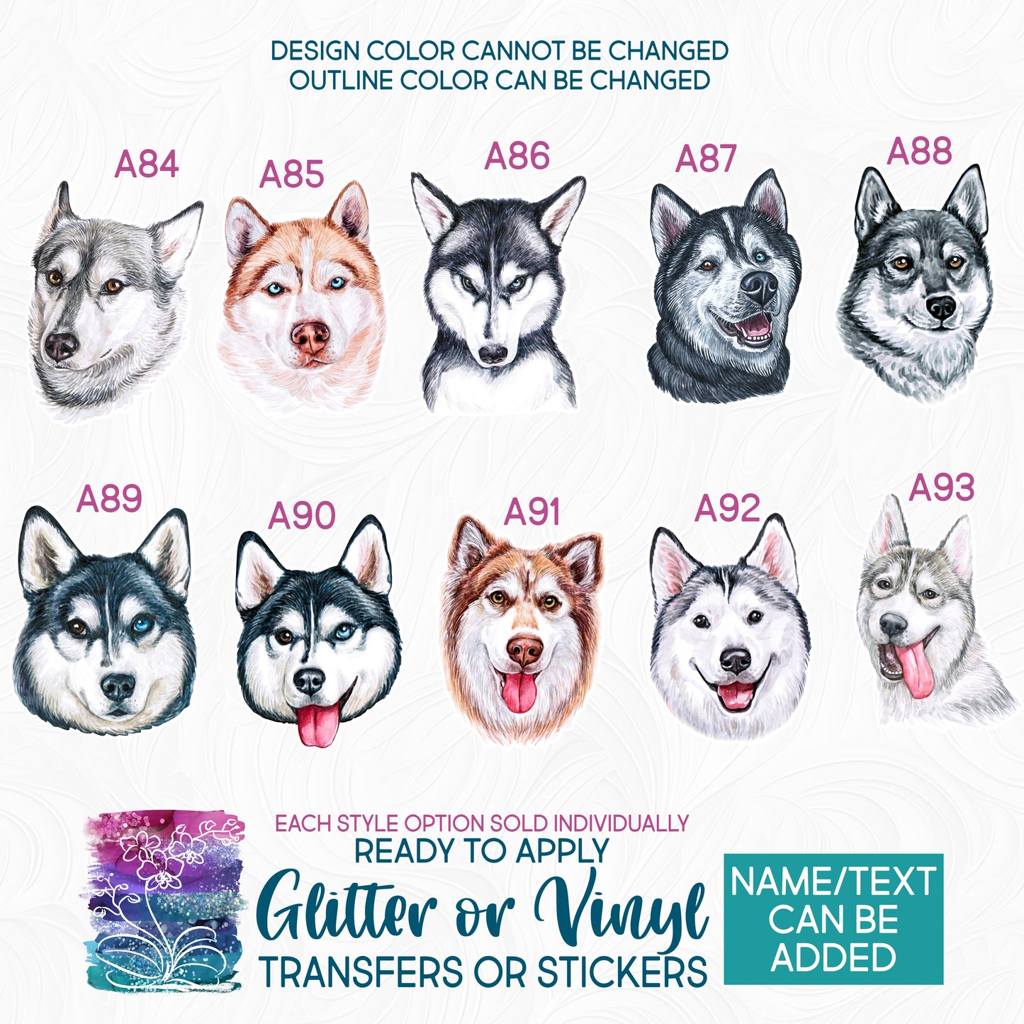 (s053-A) Watercolor Dogs Husky Glitter or Vinyl Iron-On Transfer or Sticker