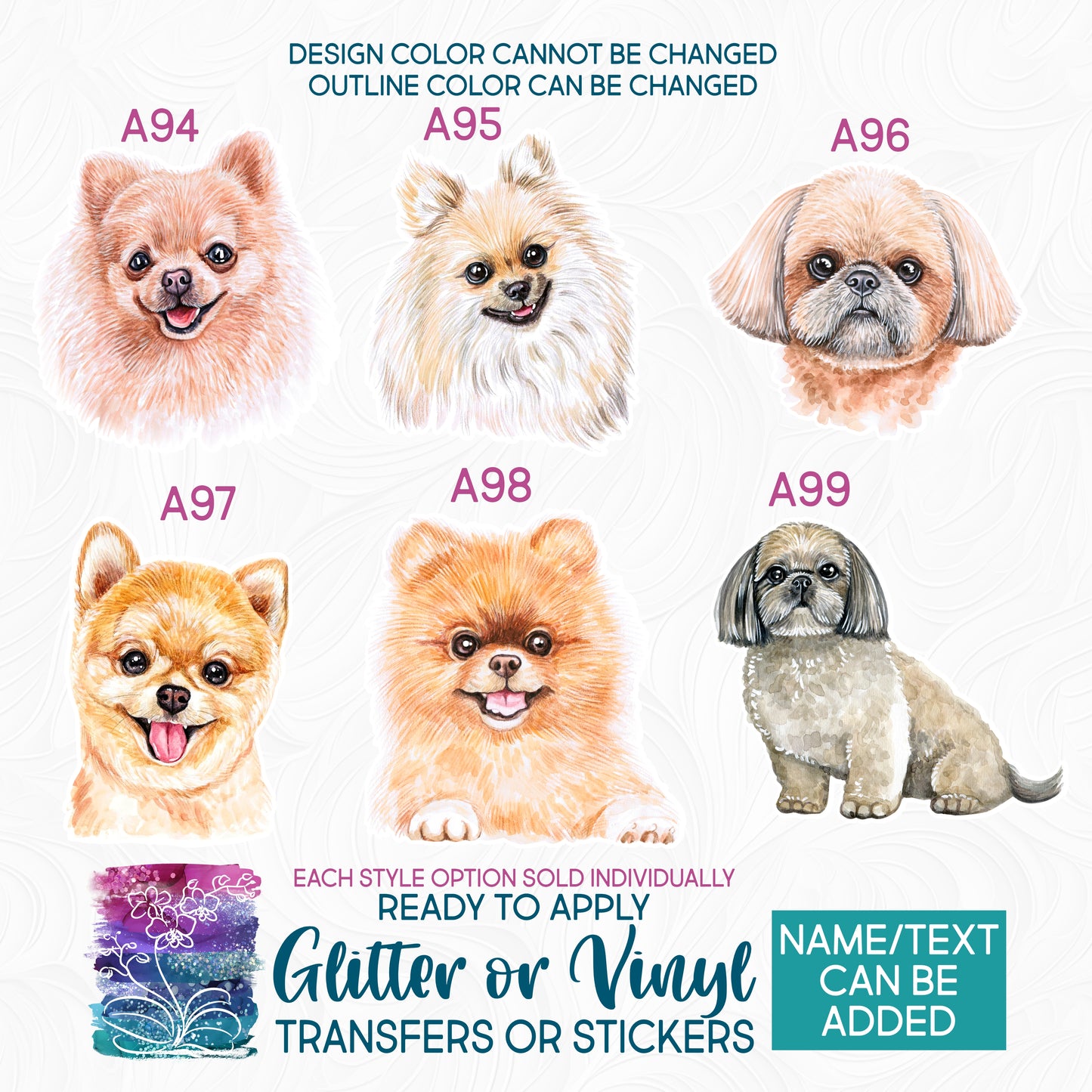 (s053-A) Watercolor Dogs Pomeranian or Shih Tzu Glitter or Vinyl Iron-On Transfer or Sticker