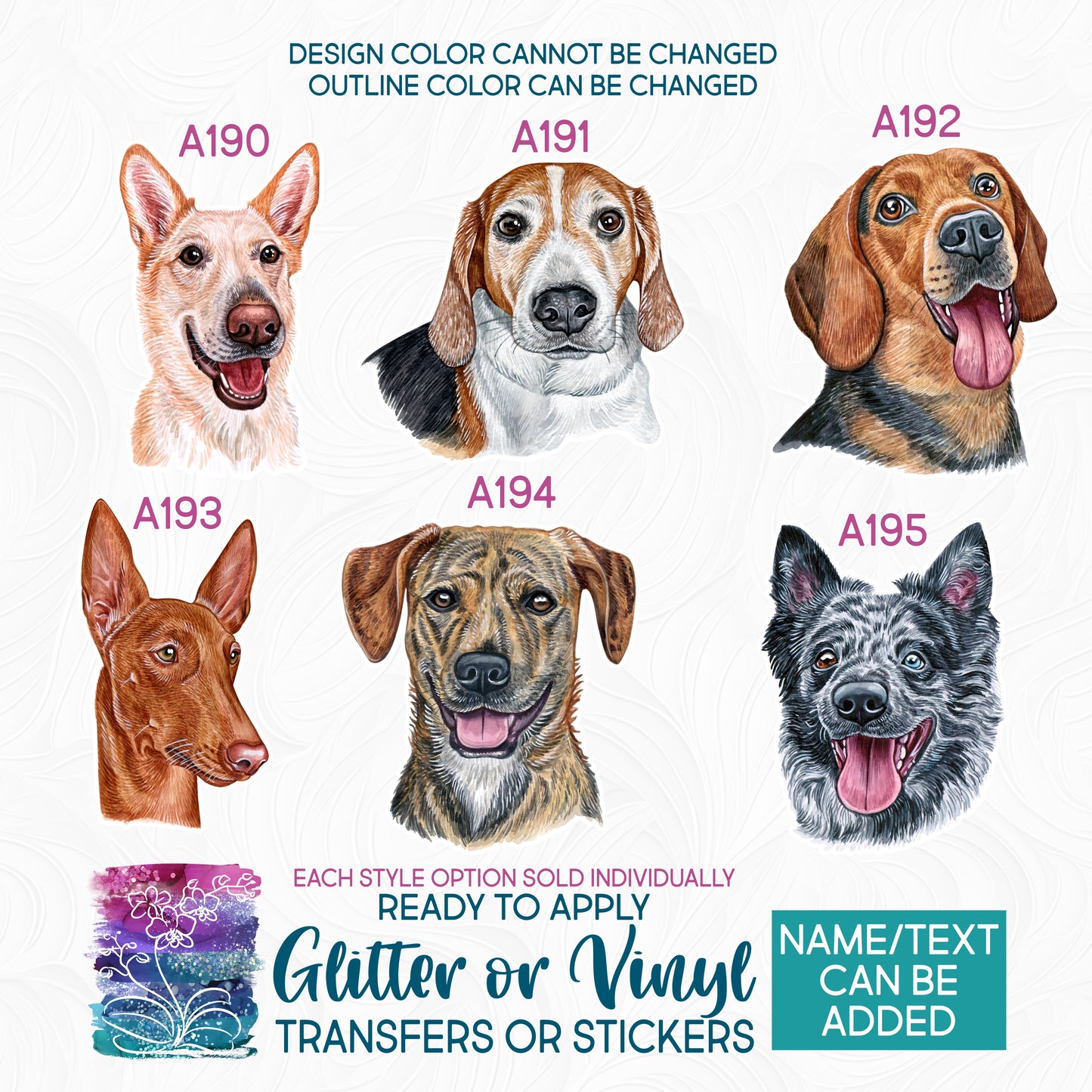 (s053-A) Watercolor Dogs Glitter or Vinyl Iron-On Transfer or Sticker
