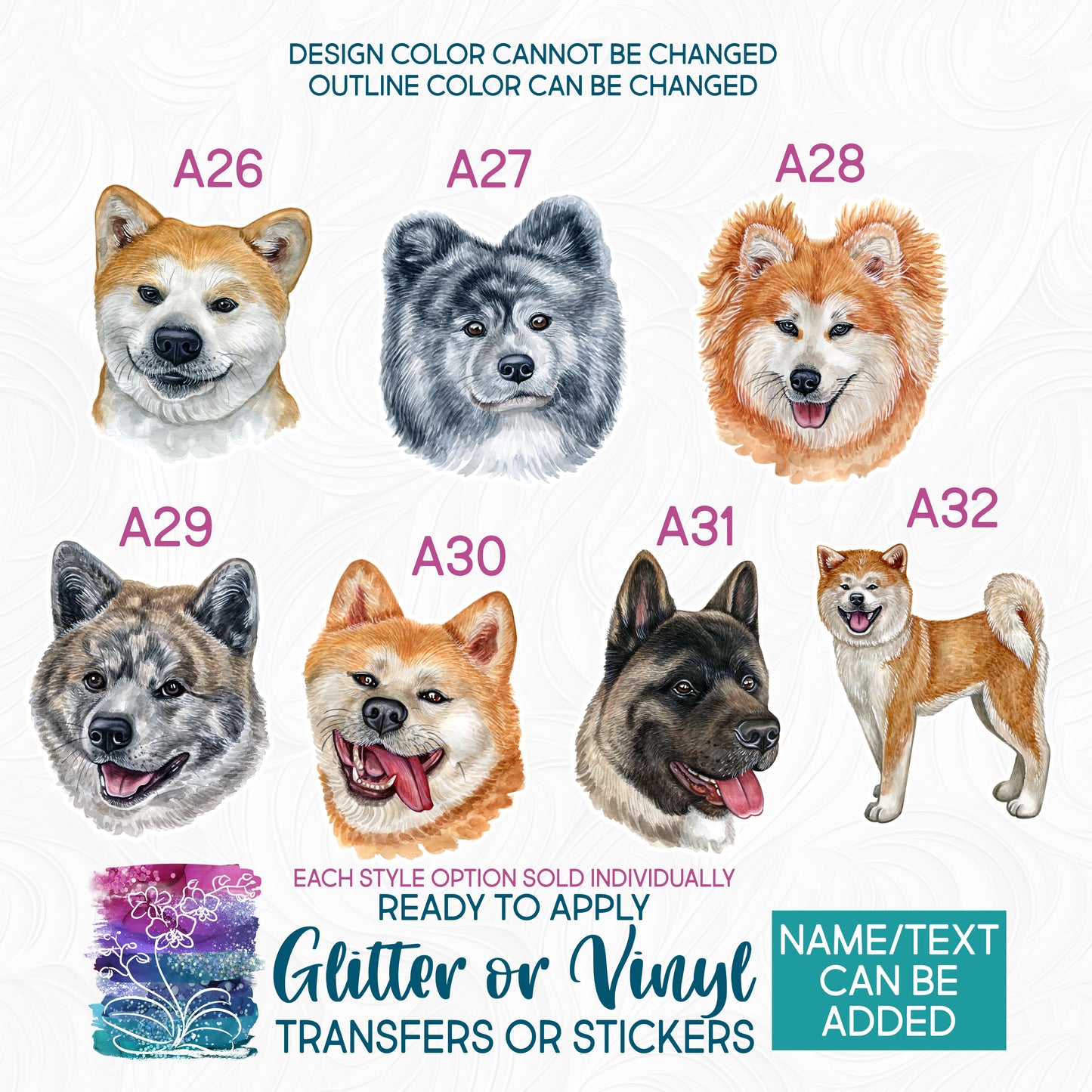 (s053-A) Watercolor Dogs Akita Glitter or Vinyl Iron-On Transfer or Sticker