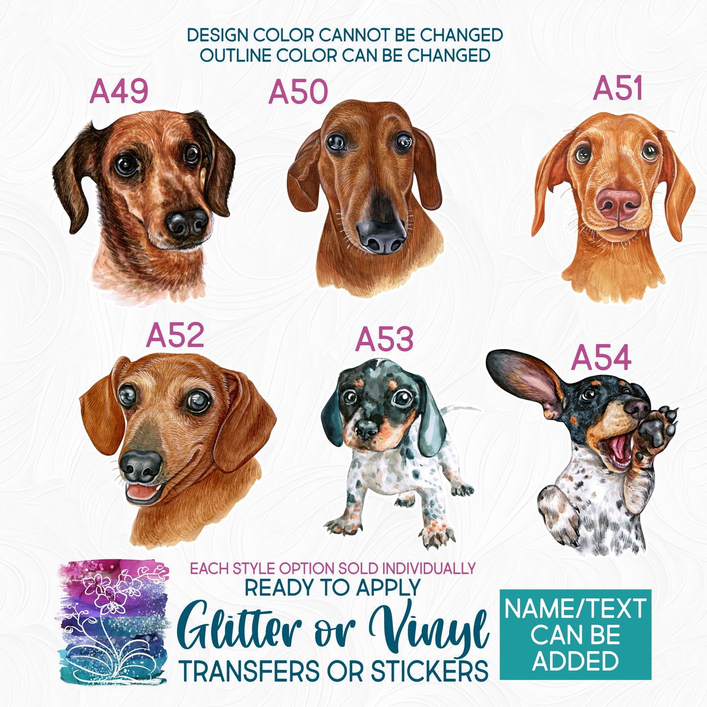 (s053-A) Watercolor Dogs Dachshund Doxie Glitter or Vinyl Iron-On Transfer or Sticker