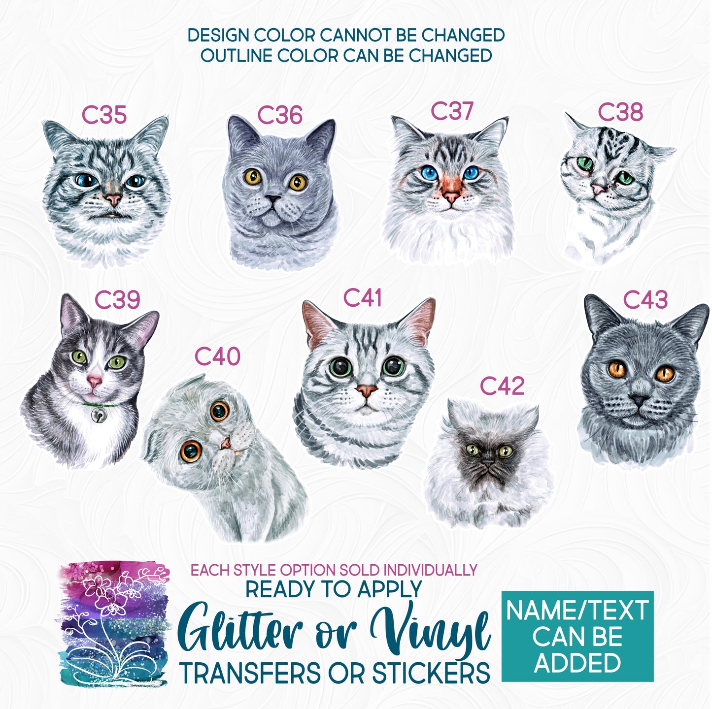 (s053-C) Watercolor Cats Cat Kitty Kitten 4 Glitter or Vinyl Iron-On Transfer or Sticker