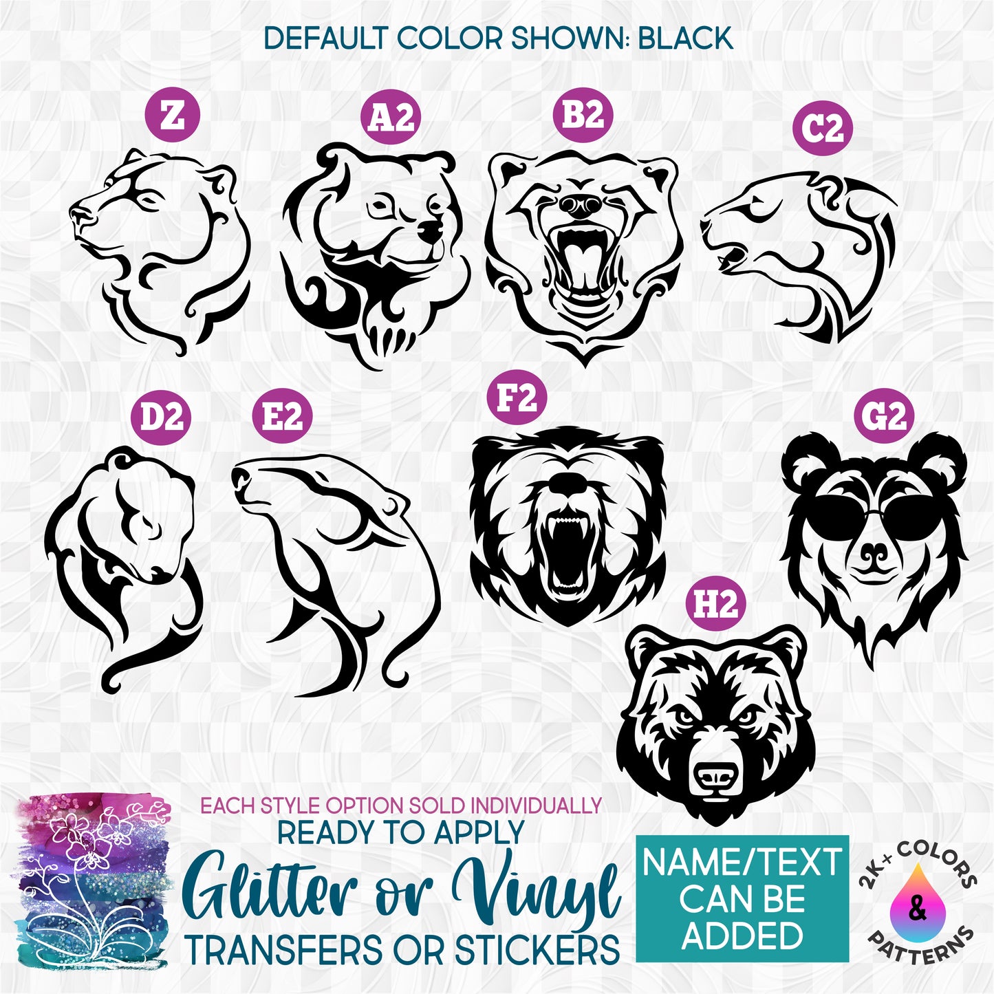 (s006-1) Grizzly Brown Black Polar Bear Glitter or Vinyl Iron-On Transfer or Sticker