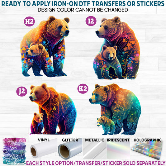 (s006-1) Floral Mama and Baby Bear Bears Cubs Printed Heat Transfer or Sticker
