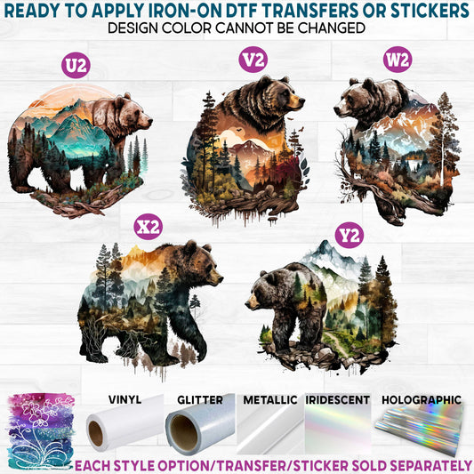 (s006-1) Watercolor Grizzly Kodiak Bear Bears Mountains Forest Printed Heat Transfer or Sticker