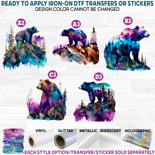 (s006-1) Watercolor Grizzly Kodiak Bear Bears Mountains Forest Printed Heat Transfer or Sticker
