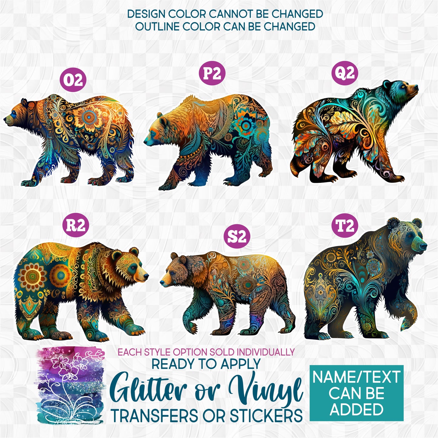 (s006-1) Floral Mama Grizzly Kodiak Bear Bears Glitter or Vinyl Iron-On Transfer or Sticker