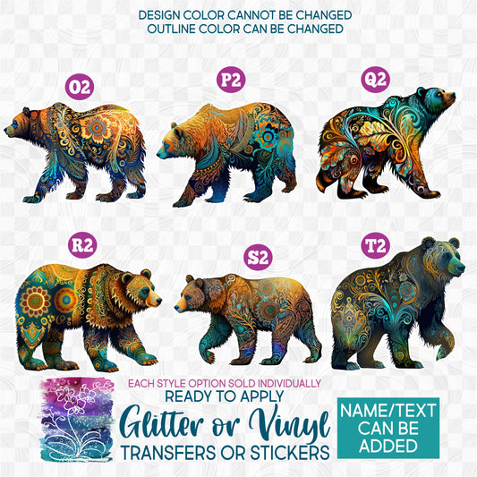 Floral Mama Papa Grizzly Kodiak Bear Bears Glitter, Matte, Glossy Iron-On Transfer or Sticker