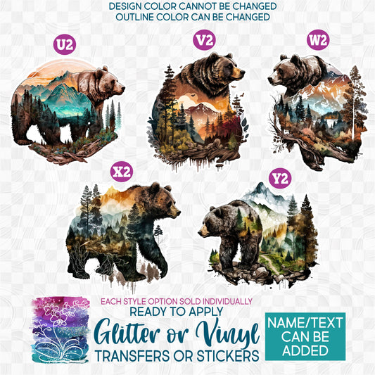 Watercolor Grizzly Kodiak Bear Bears Mountains Forest Glitter, Matte, Glossy Iron-On Transfer or Sticker