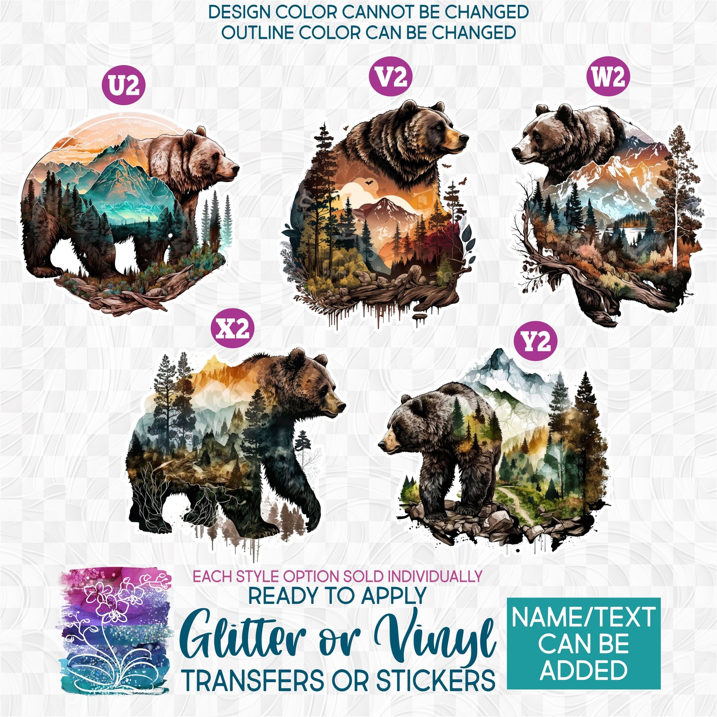 (s006-1) Watercolor Grizzly Kodiak Bear Bears Mountains Forest Glitter or Vinyl Iron-On Transfer or Sticker