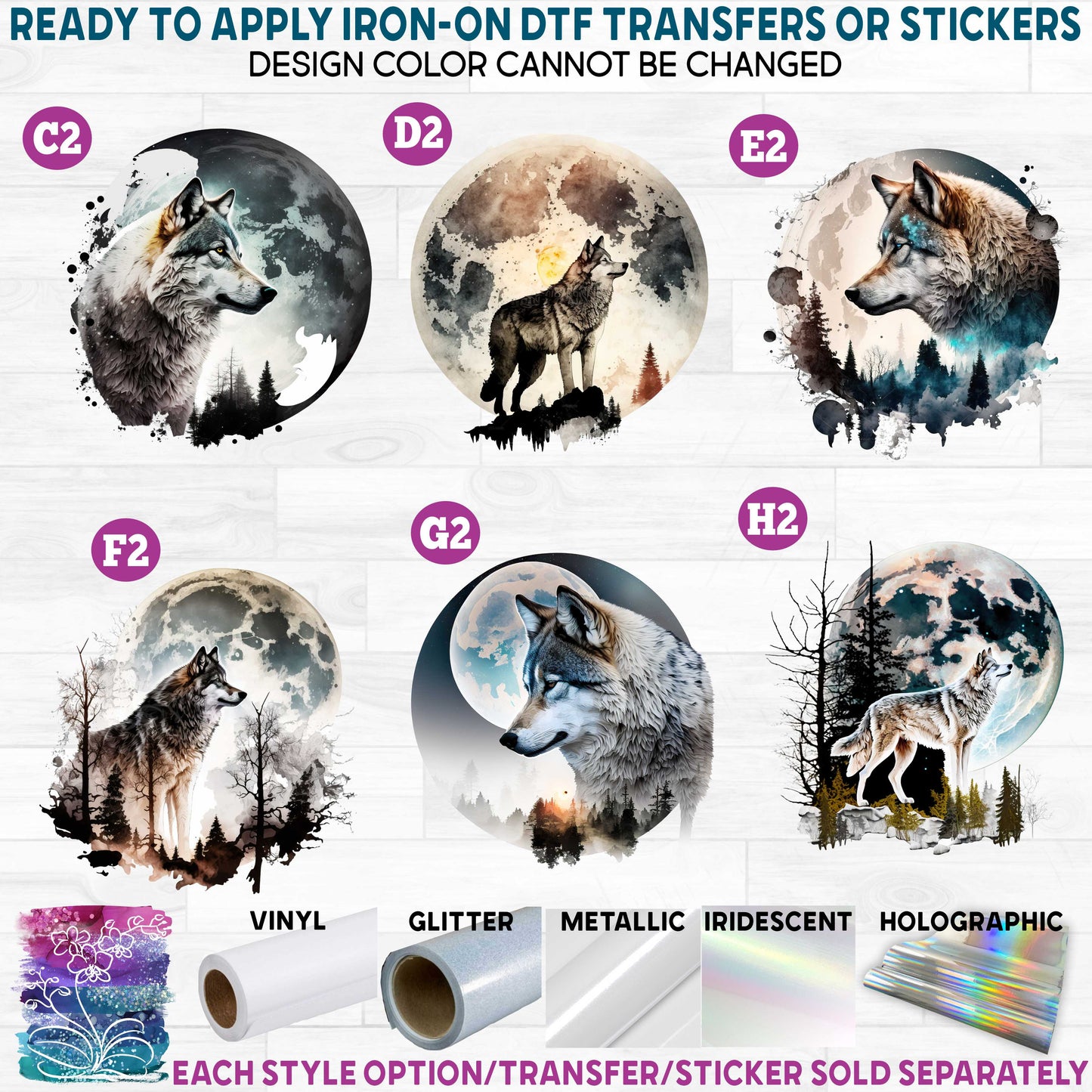 (s006-2) Watercolor Mountains Forest Wolf Wolves Moon Printed Heat Transfer or Sticker