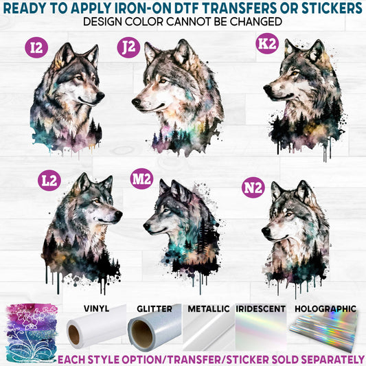 (s006-2) Watercolor Mountains Forest Wolf Wolves Printed Heat Transfer or Sticker