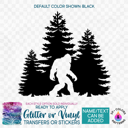 Bigfoot Sasquatch Trees Silhouette Glitter, Matte, Glossy Iron-On Transfer or Sticker