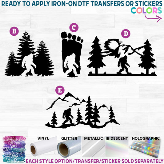 (s006-7) Bigfoot Sasquatch Trees Silhouette Printed Heat Transfer or Sticker