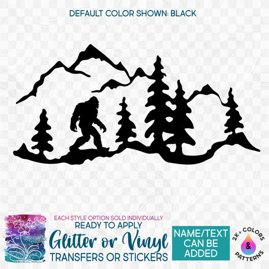 Bigfoot Sasquatch Mountains Forest Silhouette Glitter, Matte, Glossy Iron-On Transfer or Sticker