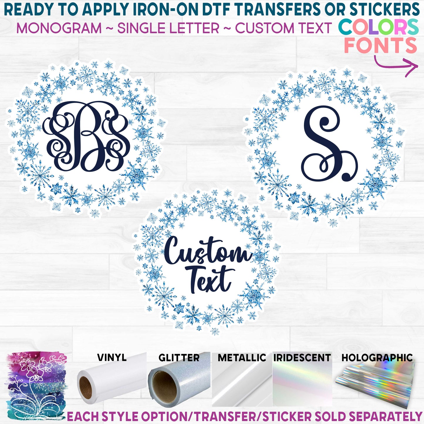 (s060-2B) Snowflake Snowflakes Watercolor Monogram Printed Heat Transfer or Sticker