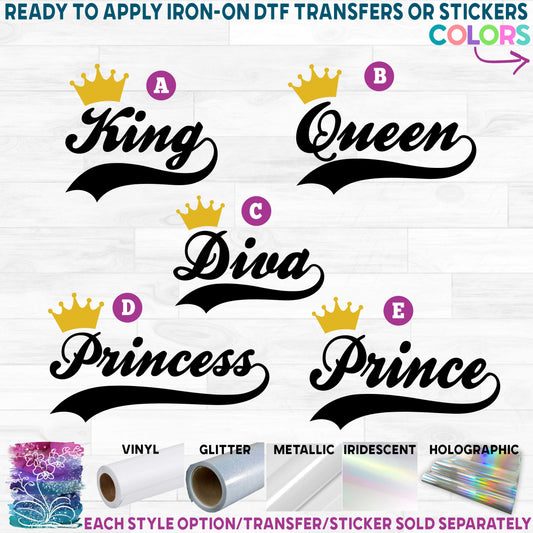 (s062) Princess Queen King Prince Diva with Athletic Sports Tail Tiara Printed Heat Transfer or Sticker