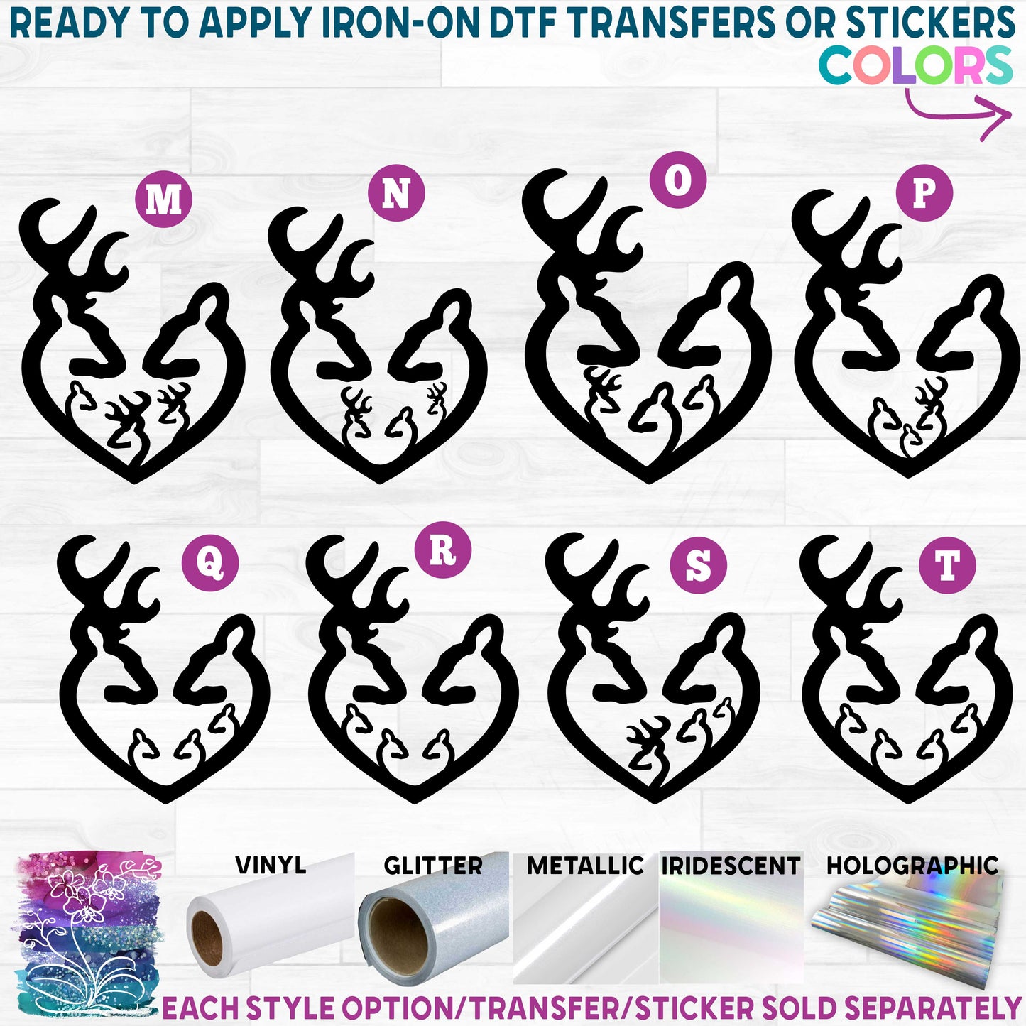 (s063-3) Deer Couple Family Heart Silhouette 1 2 3 4 Buck Doe Fawn Printed Heat Transfer or Sticker