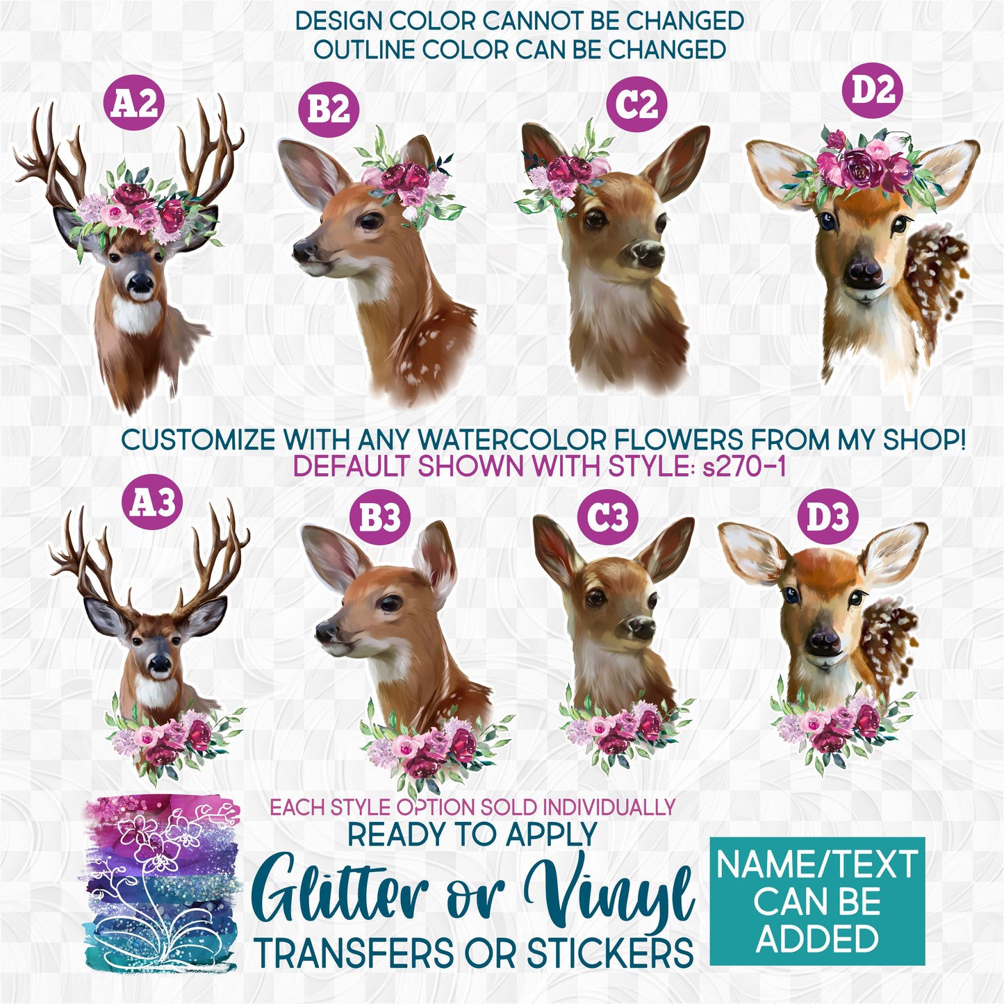 (s063-6) Watercolor Deer Head Buck Doe Fawn Floral Flowers Glitter or Vinyl Iron-On Transfer or Sticker