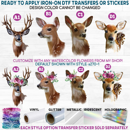 (s063-6) Watercolor Deer Head Buck Doe Fawn Floral Flowers Printed Heat Transfer or Sticker