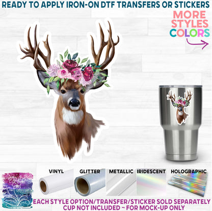 (s063-6) Watercolor Deer Head Buck Doe Fawn Floral Flowers Printed Heat Transfer or Sticker