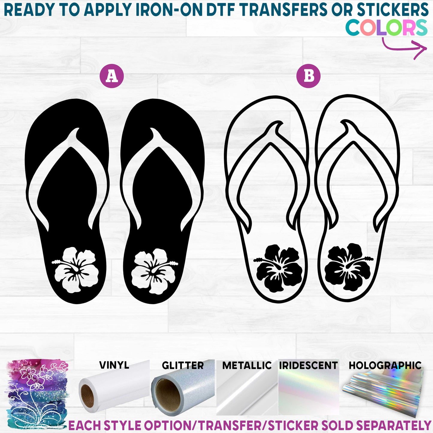 (s066-1) Flip Flops with Hibiscus Flowers Printed Heat Transfer or Sticker