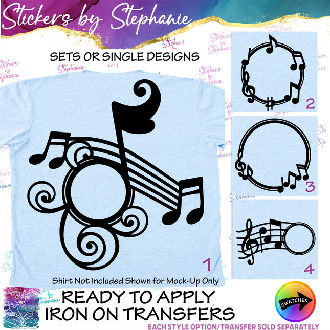 (s7-01-102) Music Notes Monogram Frame Iron-On Transfer
