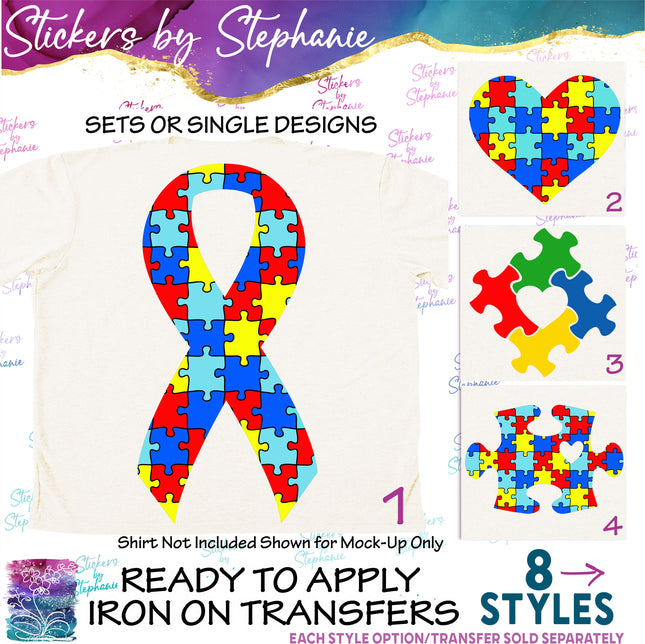 (s7-01-106) Autismn Puzzle Ribbon, Piece, Crown Iron-On Transfer