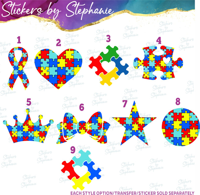 (s7-01-106) Autismn Puzzle Ribbon, Piece, Crown Iron-On Transfer