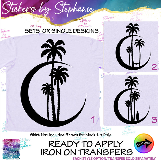 (s7-01-116) Crescent Moon, Palm Trees Iron-On Transfer