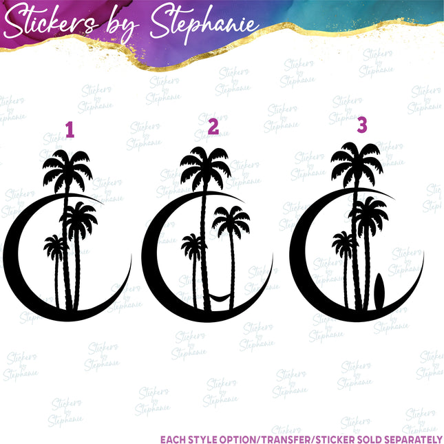 (s7-01-116) Crescent Moon, Palm Trees Iron-On Transfer