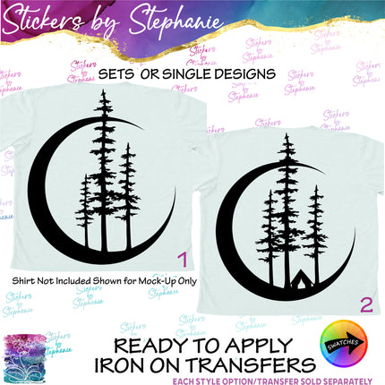 (s7-01-117) Crescent Moon, Pine Trees Iron-On Transfer