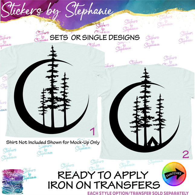 (s7-01-117) Crescent Moon, Pine Trees Iron-On Transfer