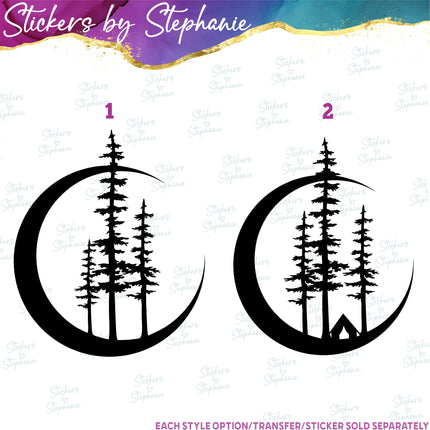 (s7-01-117) Crescent Moon, Pine Trees Iron-On Transfer