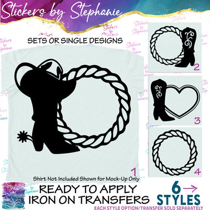 (s7-01-170) Cowboy Boot, Hat, Rope Monogram Frame Iron-On Transfer