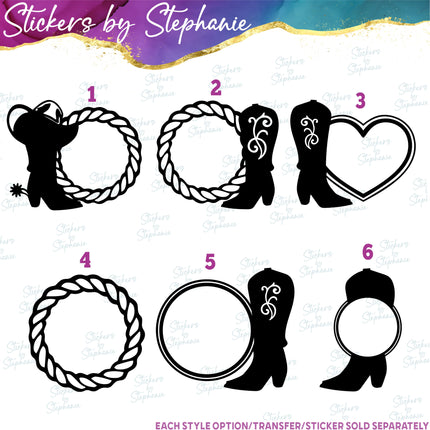 (s7-01-170) Cowboy Boot, Hat, Rope Monogram Frame Iron-On Transfer