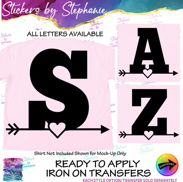 (s7-01-176) Heart Arrow Monogram Letter Iron-On Transfer
