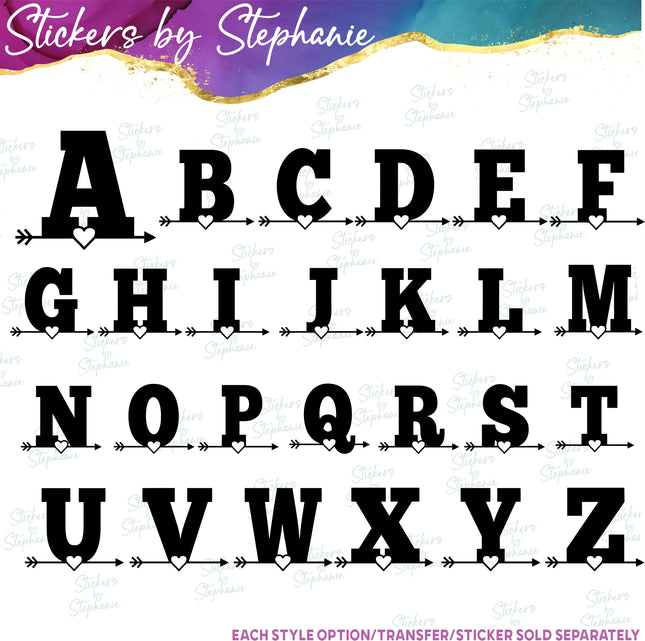 (s7-01-176) Heart Arrow Monogram Letter Iron-On Transfer