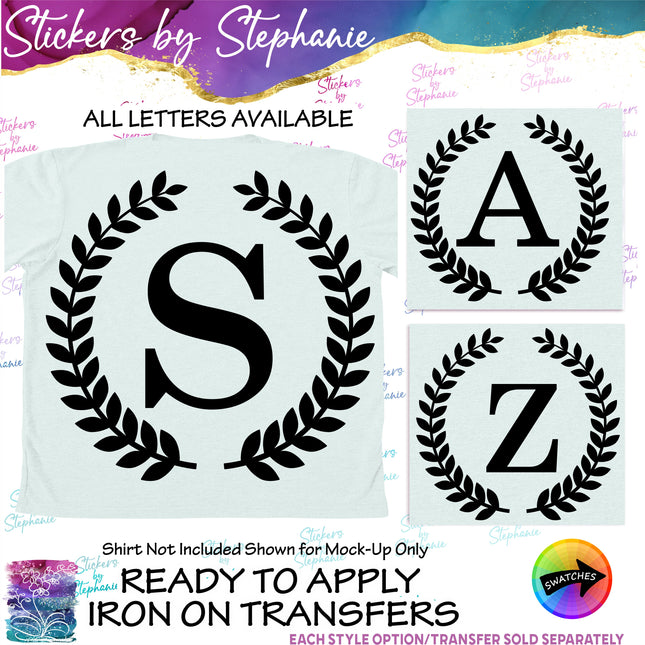(s7-01-178) Laurel Wreath Block Monogram Letter Iron-On Transfer