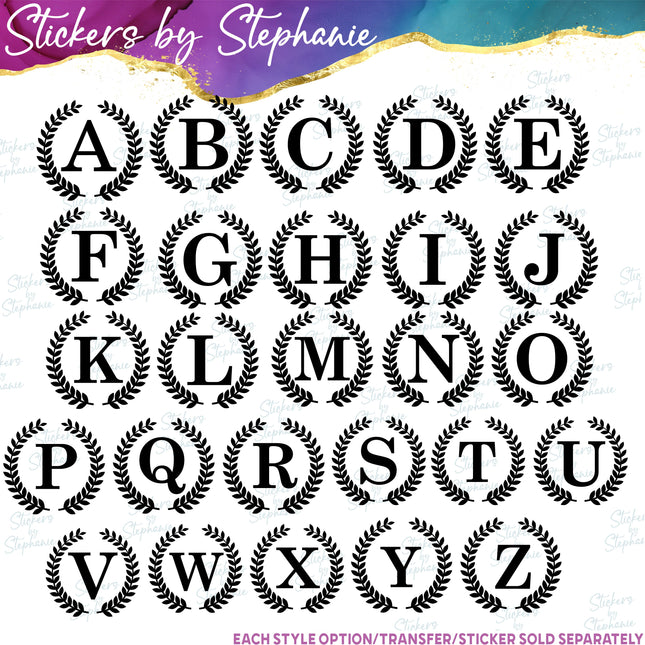 (s7-01-178) Laurel Wreath Block Monogram Letter Iron-On Transfer