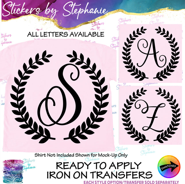 (s7-01-180) Laurel Wreath Script Monogram Letter Iron-On Transfer