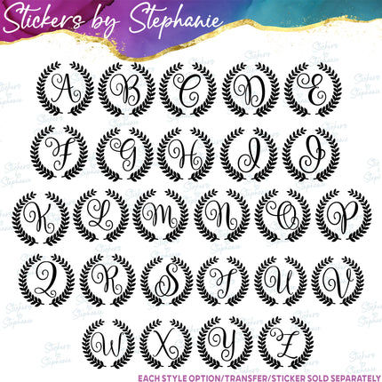 (s7-01-180) Laurel Wreath Script Monogram Letter Iron-On Transfer