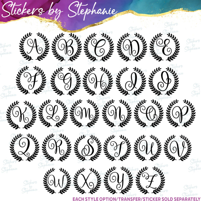 (s7-01-180) Laurel Wreath Script Monogram Letter Iron-On Transfer