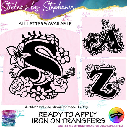 (s7-01-190) Floral Flower Butterfly Monogram Letter Iron-On Transfer