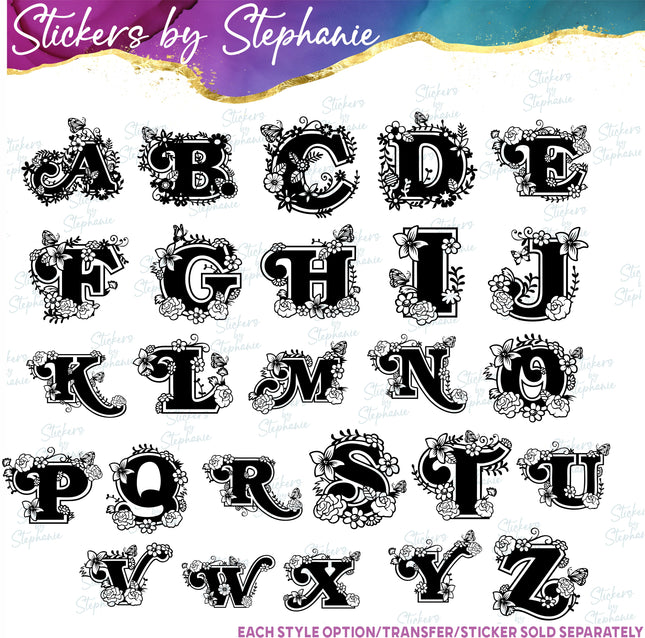 (s7-01-190) Floral Flower Butterfly Monogram Letter Iron-On Transfer